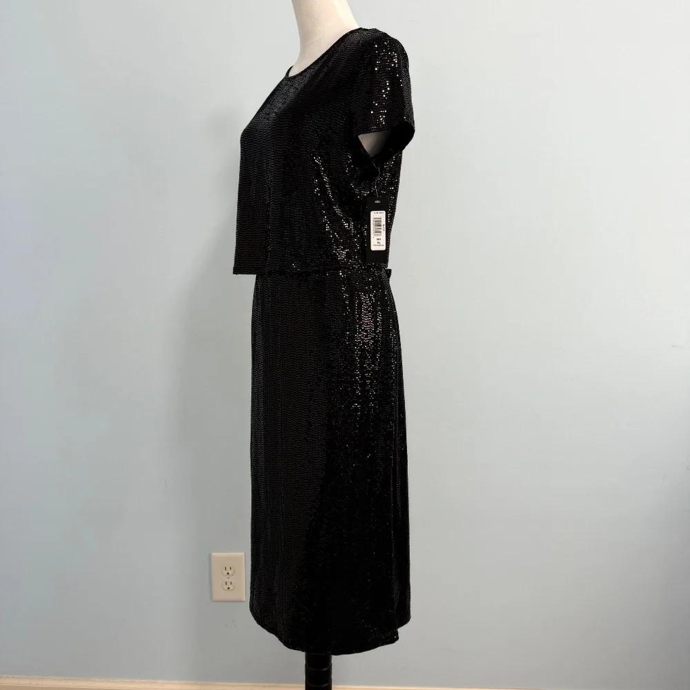 Bebe 2 piece Black Sequin set-cropped short sleeve Top and midi skirt‎ Size XL